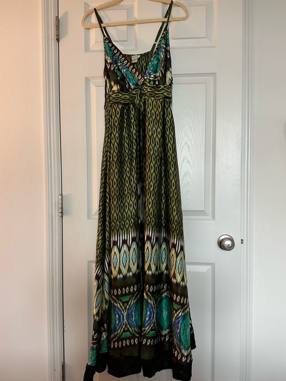 Boston Proper Green Patterned Maxi Dress with Spaghetti Straps